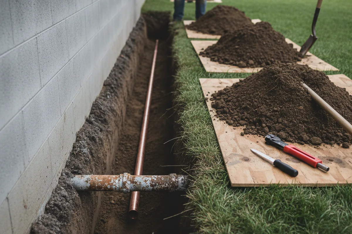 Excavated water line trench during Water Heater Repair in Manvel